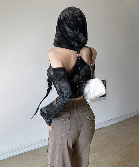 Mystique Velvet Cold Shoulder Cropped Hoodie | Edgy Studded Gothcore Top for Fall & Halloween