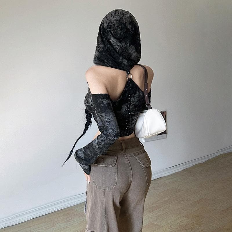 Mystique Velvet Cold Shoulder Cropped Hoodie | Edgy Studded Gothcore Top for Fall & Halloween