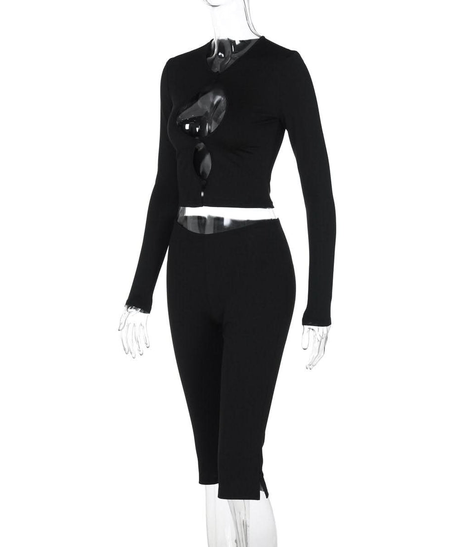 Effortless Fall Style: Black Ribbed Cutout Long Sleeve Crop Top & Capri Set