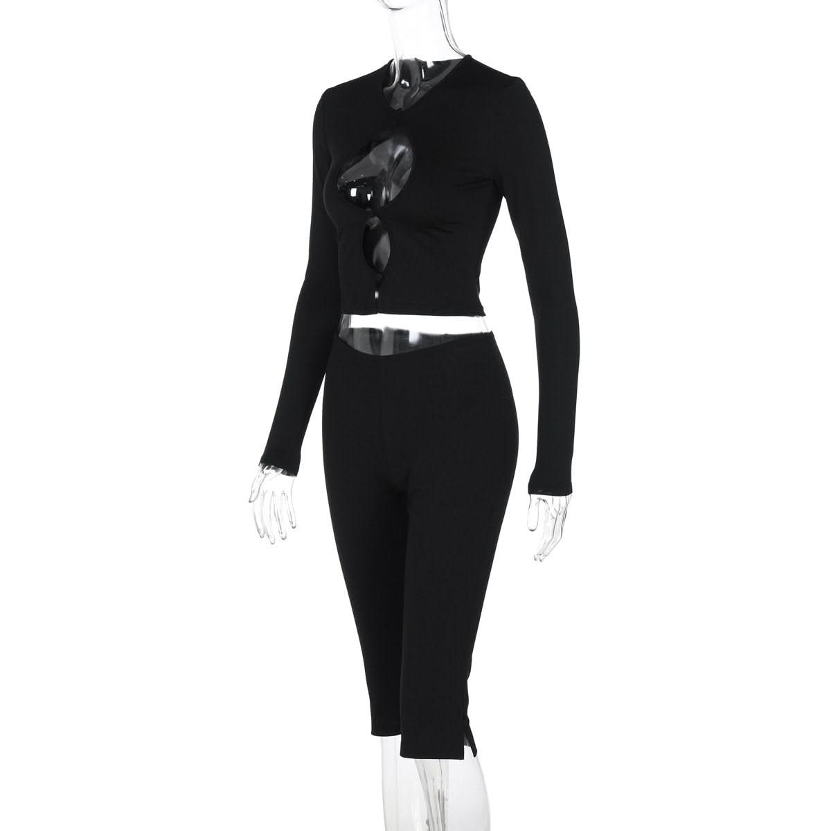 Effortless Fall Style: Black Ribbed Cutout Long Sleeve Crop Top & Capri Set