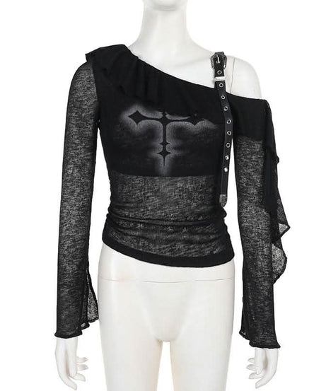 Gothic Glam Cross One-Shoulder Top - Edgy Fall & Halloween Statement