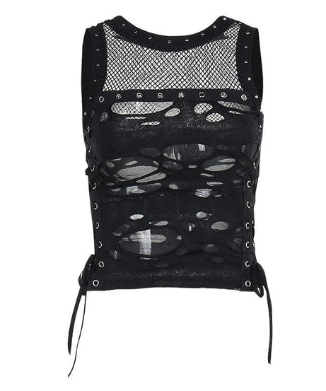 Spiked O-Ring Fishnet Goth Tank Top - Distressed Cut-Out Grunge & Punk Style for Fall & Halloween