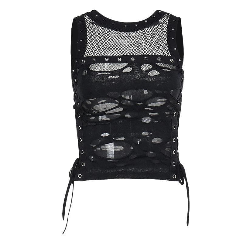 Spiked O-Ring Fishnet Goth Tank Top - Distressed Cut-Out Grunge & Punk Style for Fall & Halloween