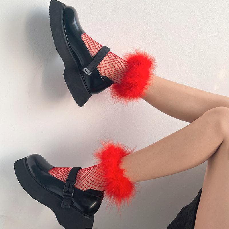Edgy Glam Faux Fur Fishnet Ankle Socks – Your Spooky Season & Fall Style Essential