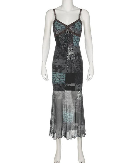 Enchanting Patchwork Mesh Maxi Slip Dress | Velvet, Lace & Fall Grunge Chic