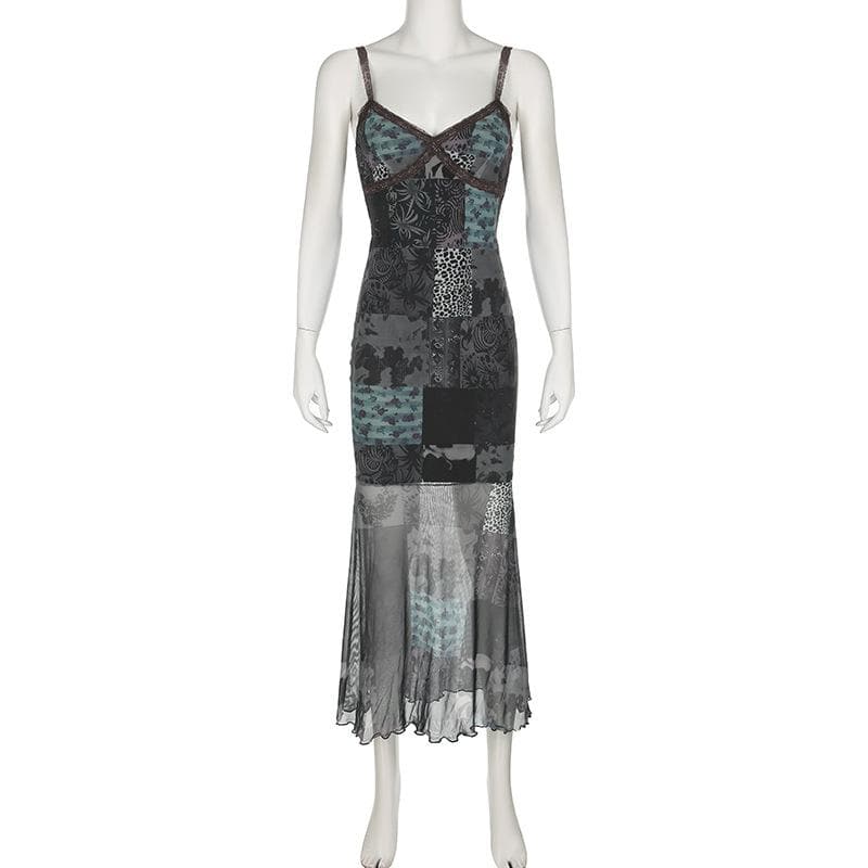 Enchanting Patchwork Mesh Maxi Slip Dress | Velvet, Lace & Fall Grunge Chic