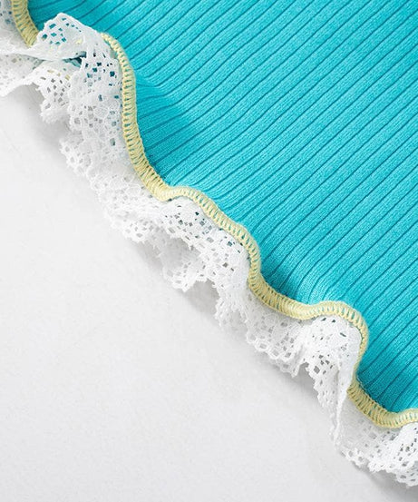 Sweetheart Teal Ribbed Cami Crop Top – Coquette Bow & Lace Ruffle for Fall Layering