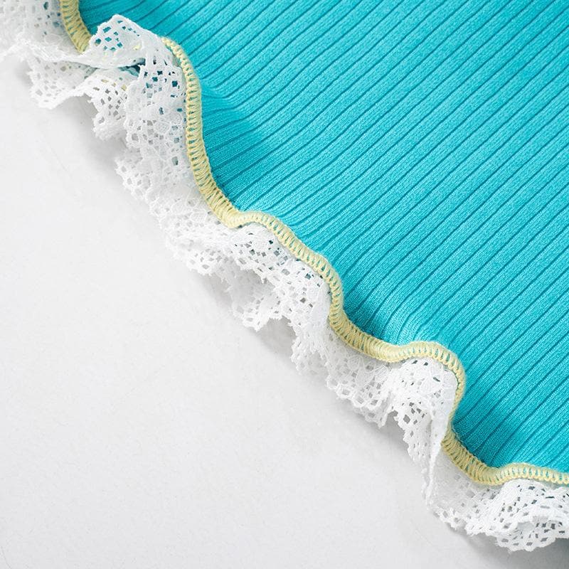 Sweetheart Teal Ribbed Cami Crop Top – Coquette Bow & Lace Ruffle for Fall Layering