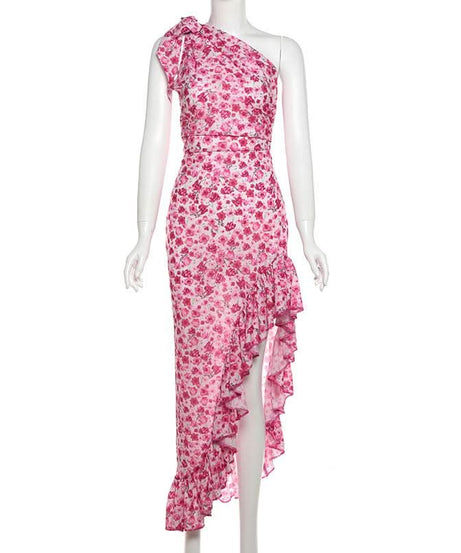 Fall Getaway Chic: Knotted One-Shoulder Floral High-Low Ruffle Maxi Dress