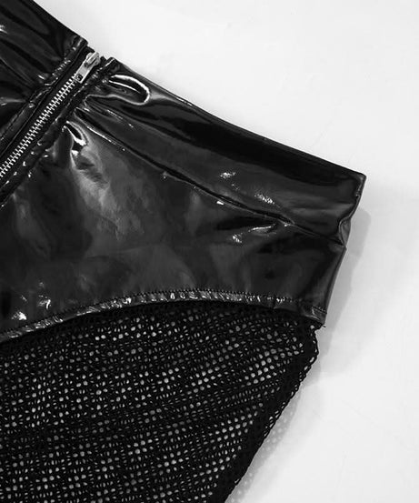 Sultry Wet Look Patent Leather Cropped Set - Edgy Clubwear & Halloween Ready