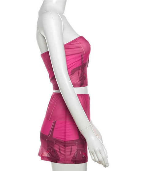 Head-Turning Hot Pink Handbag Print Two-Piece Set | Y2K Tube Top & Mini Skirt