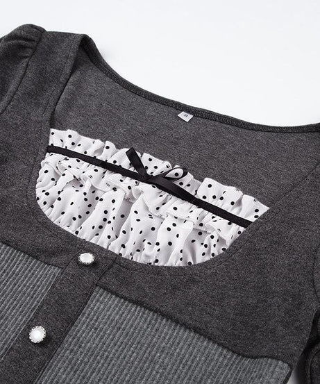 Autumn Chic Y2K Ribbed Ruffle Patchwork Long Sleeve Top