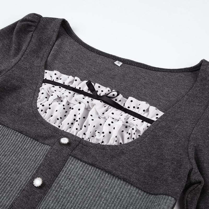 Autumn Chic Y2K Ribbed Ruffle Patchwork Long Sleeve Top