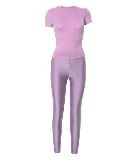 Effortless Fall Chic: Sky Blue Shimmer High-Rise Legging & Short Sleeve Top Athleisure Set
