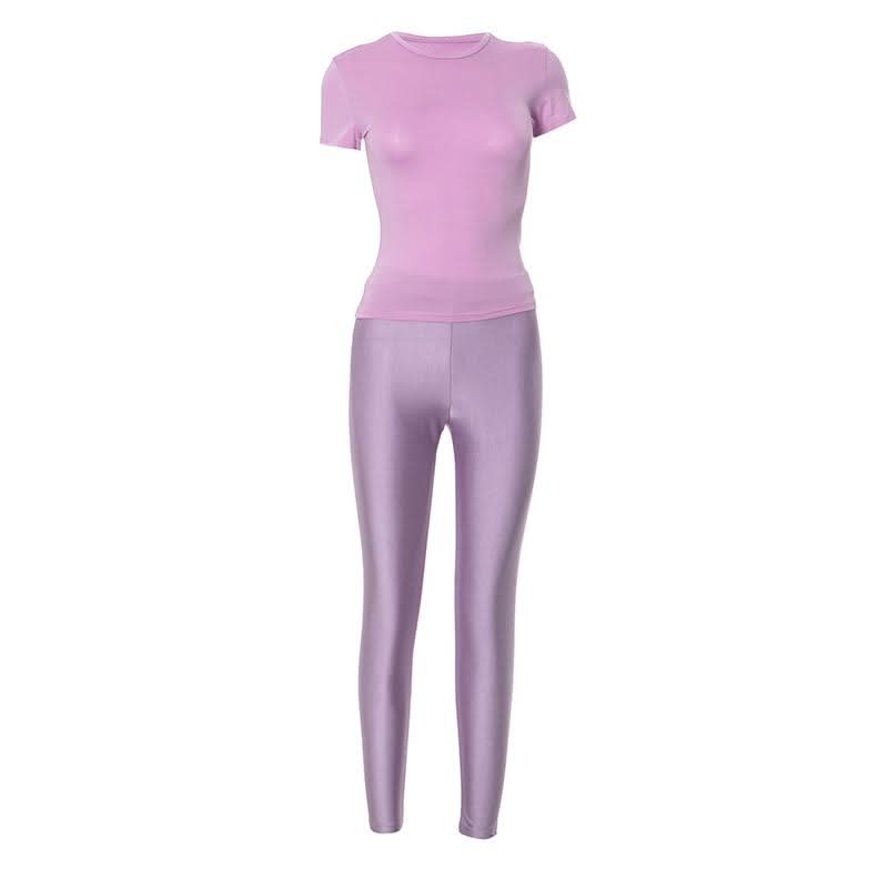 Effortless Fall Chic: Sky Blue Shimmer High-Rise Legging & Short Sleeve Top Athleisure Set