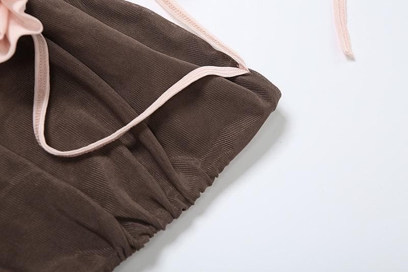 Fall Glamour: Mocha Rose Halter Mini Dress - Ruched Bodycon with Dramatic Ruffled Sashes