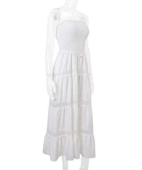 Effortless White Smocked Strapless Maxi Dress - Tiered Lace Boho Style for Your Resort Getaway