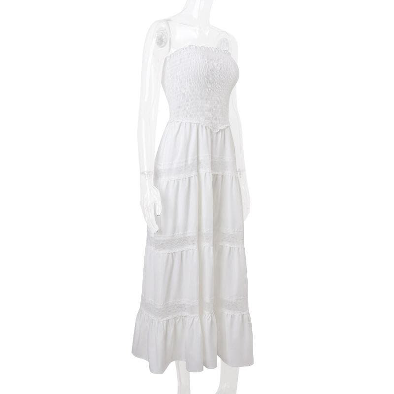 Effortless White Smocked Strapless Maxi Dress - Tiered Lace Boho Style for Your Resort Getaway