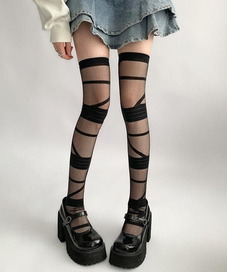 Spooky Chic Bandage Mesh Thigh High Stockings | Edgy Fall Fashion & Halloween Essential