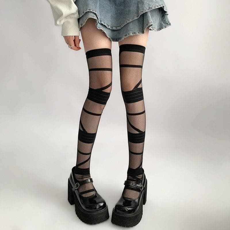 Spooky Chic Bandage Mesh Thigh High Stockings | Edgy Fall Fashion & Halloween Essential