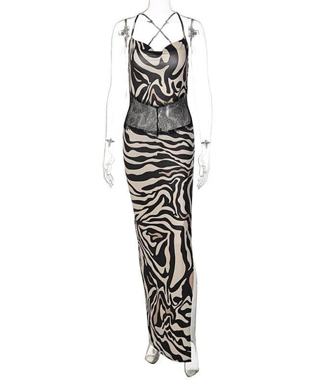 Statement Zebra Print Maxi Dress | Lace Cutout & High Slit for Fall Glam
