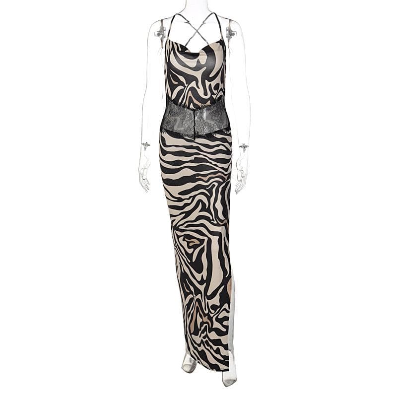 Statement Zebra Print Maxi Dress | Lace Cutout & High Slit for Fall Glam