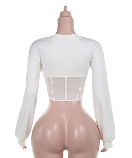 Chic White Mesh Corset Long Sleeve Crop Top | Fall 2025 Trendy Essential
