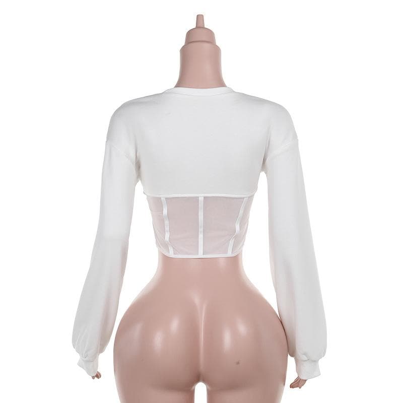Chic White Mesh Corset Long Sleeve Crop Top | Fall 2025 Trendy Essential