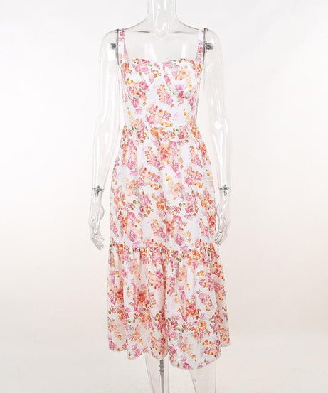 Enchanting Floral Ruched Midi Dress - Sweetheart Style for Fall Flair & Vacation Charm