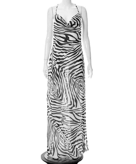Head-Turning Zebra Print Cowl Neck Halter Maxi Dress - Chic Open Back for Fall Vacations