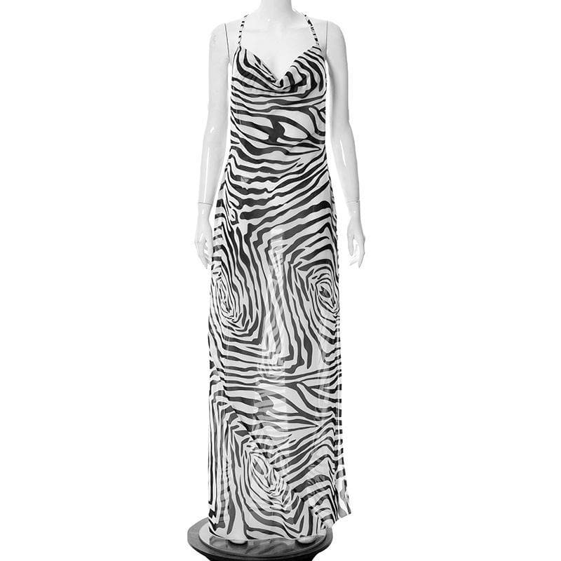 Head-Turning Zebra Print Cowl Neck Halter Maxi Dress - Chic Open Back for Fall Vacations