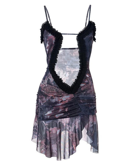 Bewitching Bloom Ruffle Cut-Out Mini Dress | Edgy Fall & Halloween Party Mesh Cami
