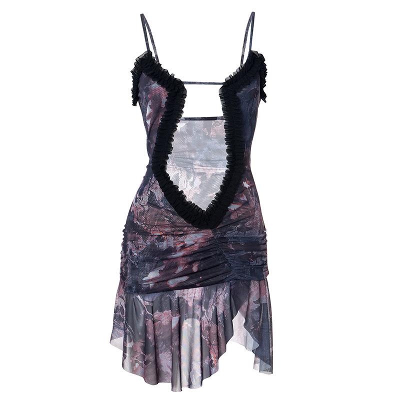 Bewitching Bloom Ruffle Cut-Out Mini Dress | Edgy Fall & Halloween Party Mesh Cami