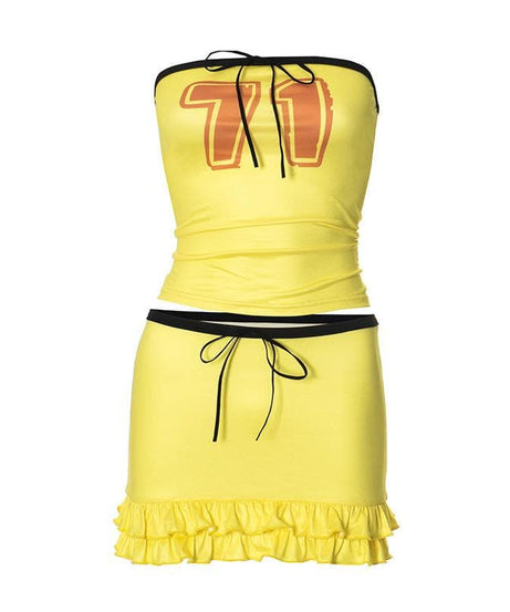 Y2K Retro '71' Yellow Tube Top & Ruffle Mini Skirt Set - Perfect for Halloween & Fall Festivities