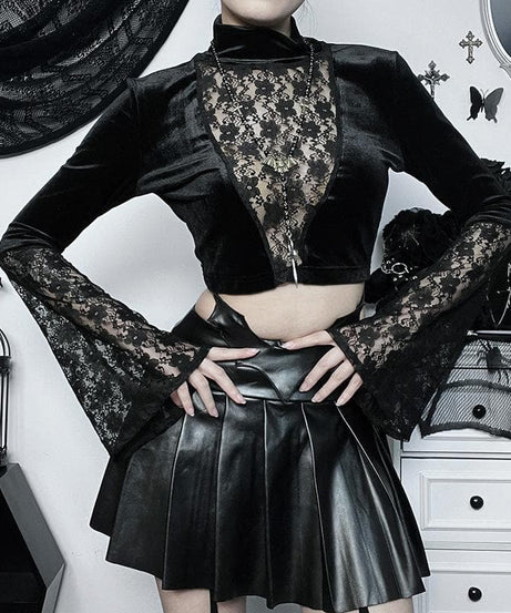 Midnight Enchantress Velvet & Lace Crop Top | High Neck Bell Sleeve Blouse for Fall & Halloween