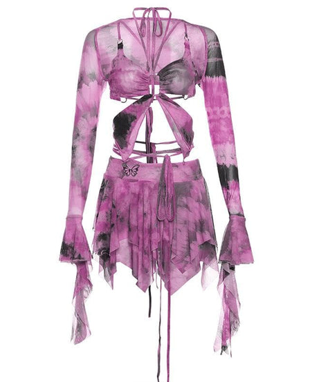 Enchanted Fairycore Tie-Dye Mini Skirt Set - Butterfly Halter Top & Flared Sleeves for Halloween & Rave Parties