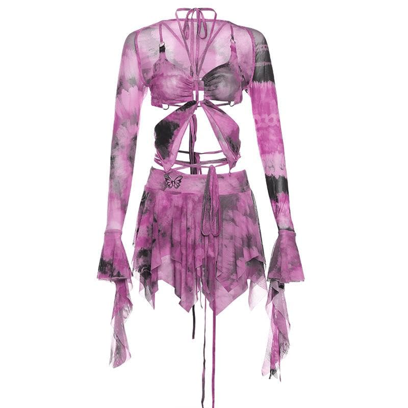 Enchanted Fairycore Tie-Dye Mini Skirt Set - Butterfly Halter Top & Flared Sleeves for Halloween & Rave Parties