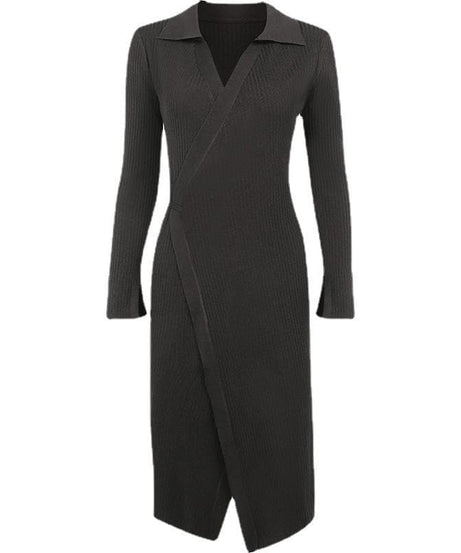 Elevated Fall Style: Ribbed Knit Wrap Midi Dress - Long Sleeve V-Neck Collar & Asymmetrical Hem