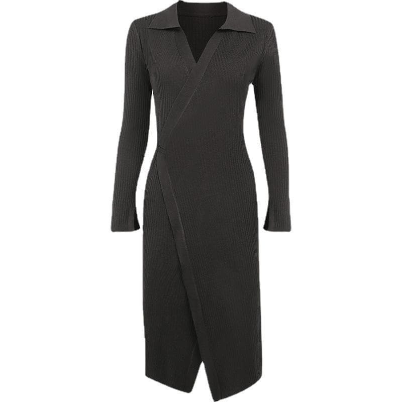 Elevated Fall Style: Ribbed Knit Wrap Midi Dress - Long Sleeve V-Neck Collar & Asymmetrical Hem