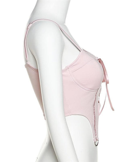 Trendy Blush Pink Lace-Up Corset Crop Top - Y2K Cut-Out Style for Fall Nights & Beyond