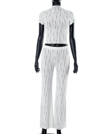 Effortless White Knit Resort Set: Chic High Neck Crop Top & Flared Pants for Your Fall/Winter Getaway