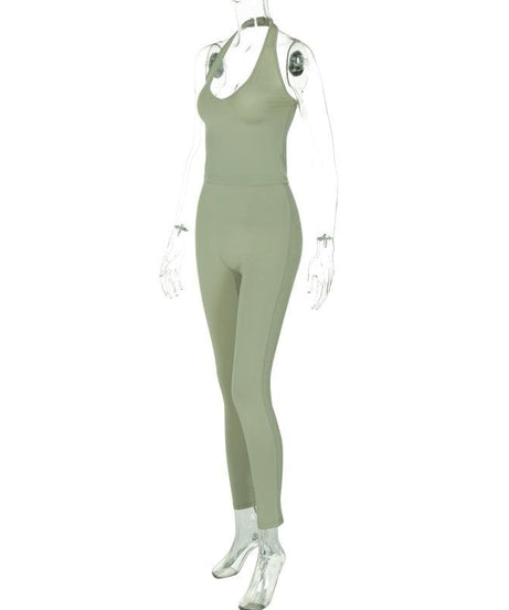 Effortless Chic: Sage Green Halter Neck Top & High-Waist Leggings Set – Fall Comfort & Style