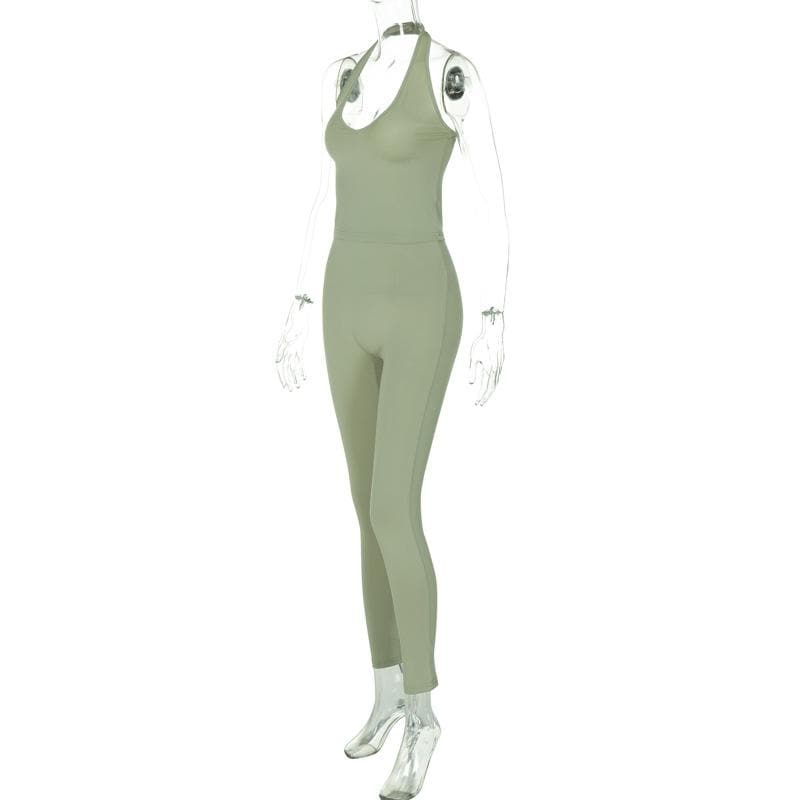 Effortless Chic: Sage Green Halter Neck Top & High-Waist Leggings Set – Fall Comfort & Style