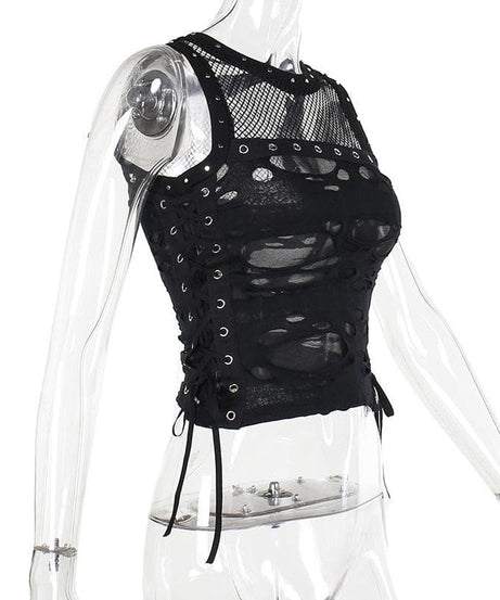 Spiked O-Ring Fishnet Goth Tank Top - Distressed Cut-Out Grunge & Punk Style for Fall & Halloween