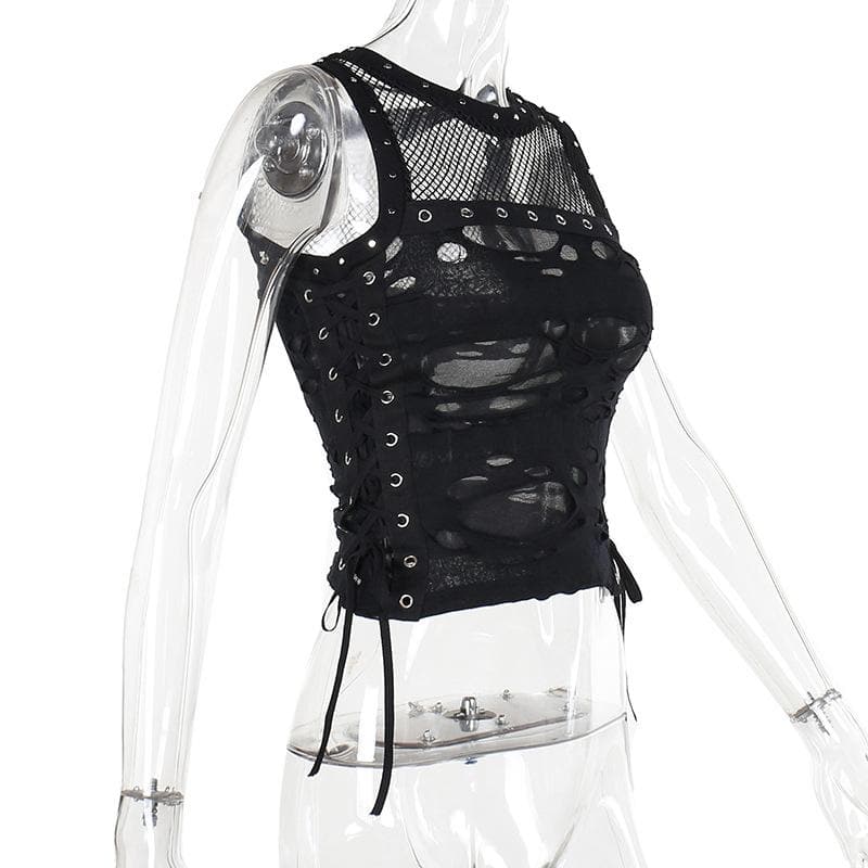 Spiked O-Ring Fishnet Goth Tank Top - Distressed Cut-Out Grunge & Punk Style for Fall & Halloween