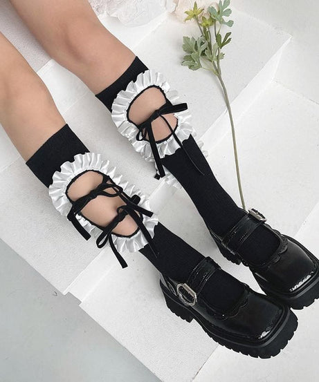 Vintage Chic Ruffled Bow Cut-Out Knee High Socks - Fall & Goth Academia Ready
