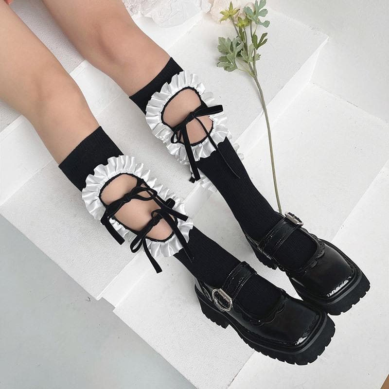 Vintage Chic Ruffled Bow Cut-Out Knee High Socks - Fall & Goth Academia Ready
