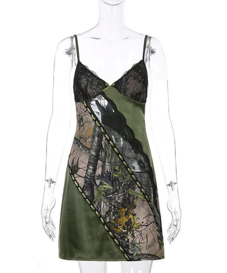 Y2K Woodland Camo & Lace Slip Dress - Olive Green Mini for Fall Nights Out