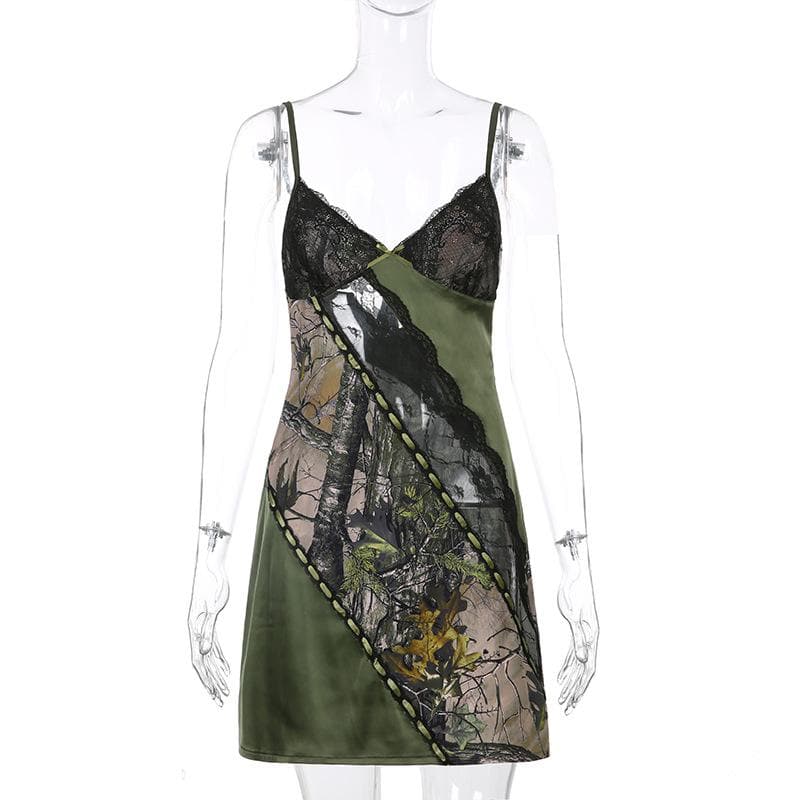 Y2K Woodland Camo & Lace Slip Dress - Olive Green Mini for Fall Nights Out