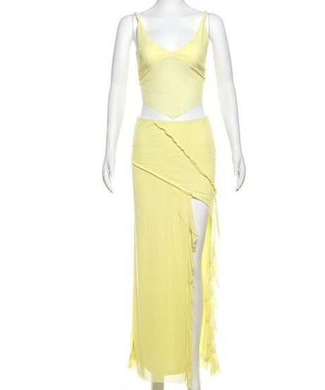 Golden Hour Glow: Breezy Yellow Mesh Cami & Ruffle Slit Maxi Skirt Set - Vacation & Resort Ready